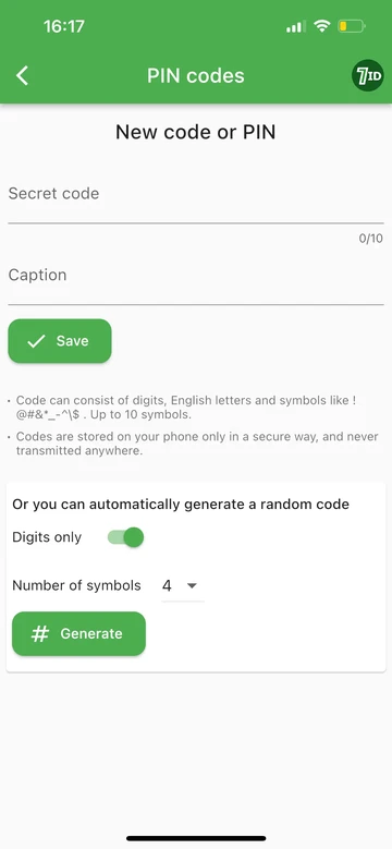 7ID: قم بإنشاء رقم PIN أو رمز