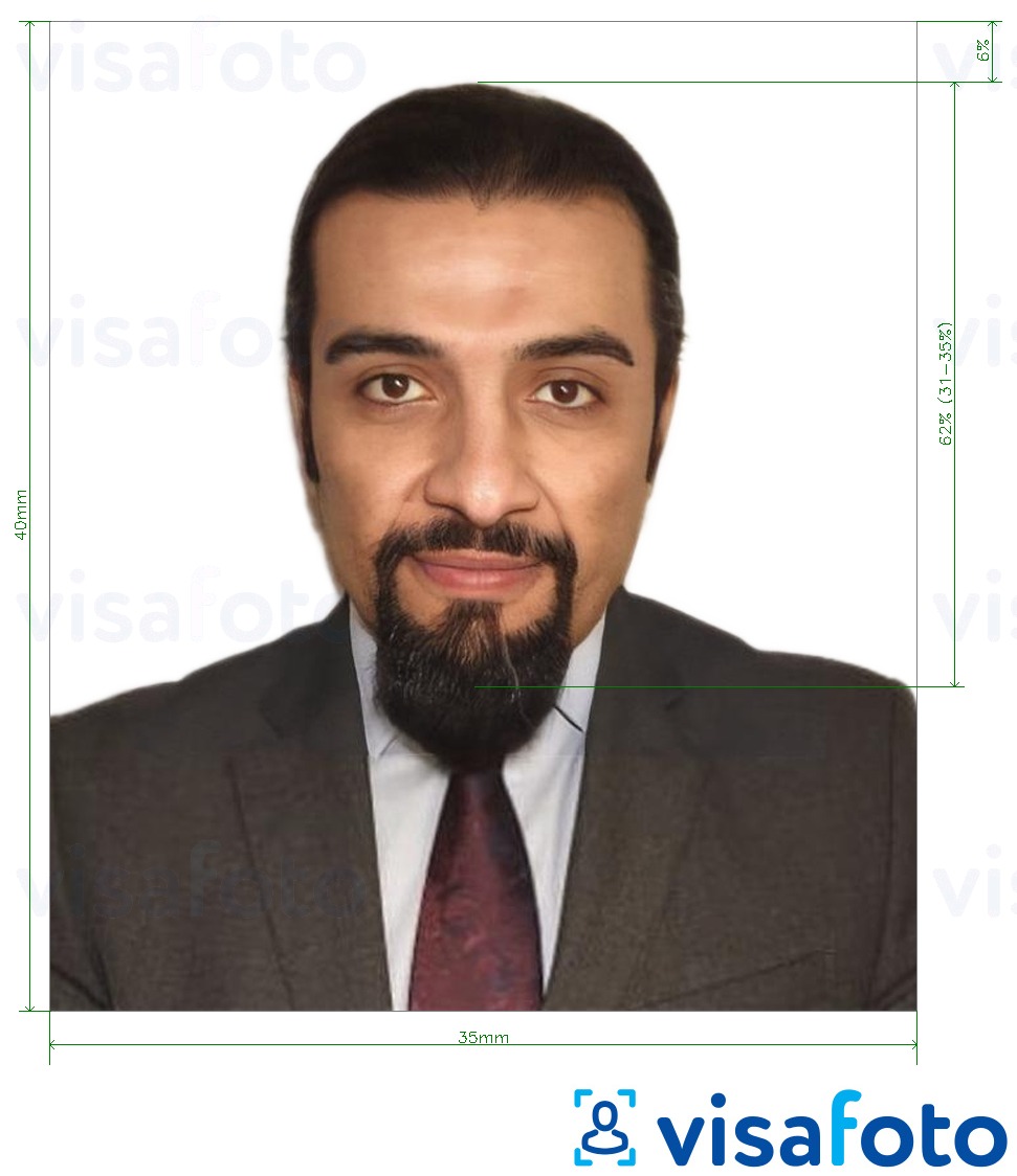 Primer fotografije za Emirates ID / rezidenčni vizum za ZAE ICA z natančno specifikacijo velikosti