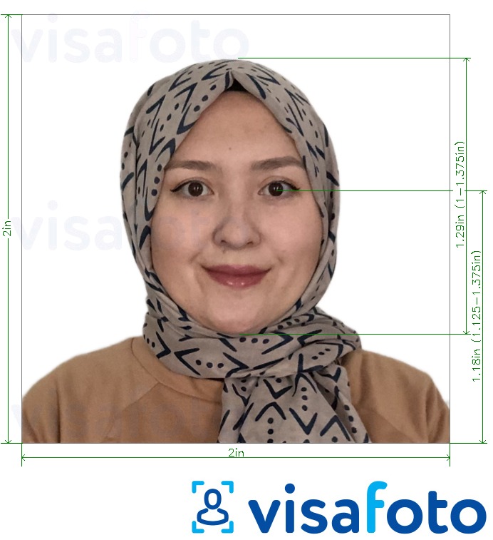 Primer fotografije za Afganistanski vizum 2x2 palca (iz ZDA) z natančno specifikacijo velikosti