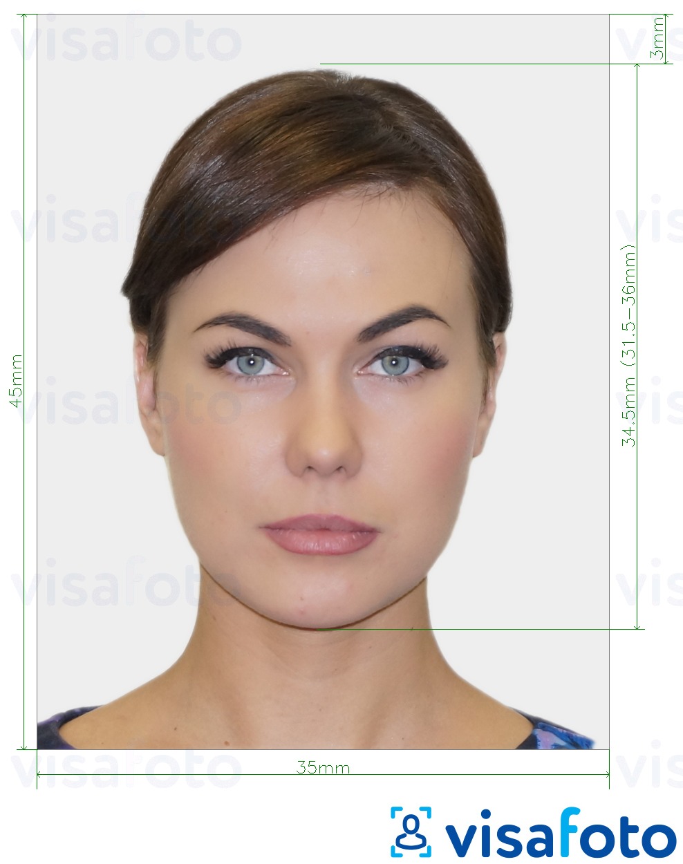 Primer fotografije za Belgijska elektronska osebna izkaznica (eID) 35x45 mm (3,5x4,5 cm) z natančno specifikacijo velikosti