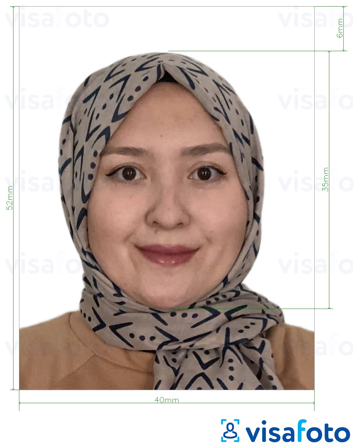 Primer fotografije za Brunejski potni list 5.2x4 cm (52x40 mm) z natančno specifikacijo velikosti