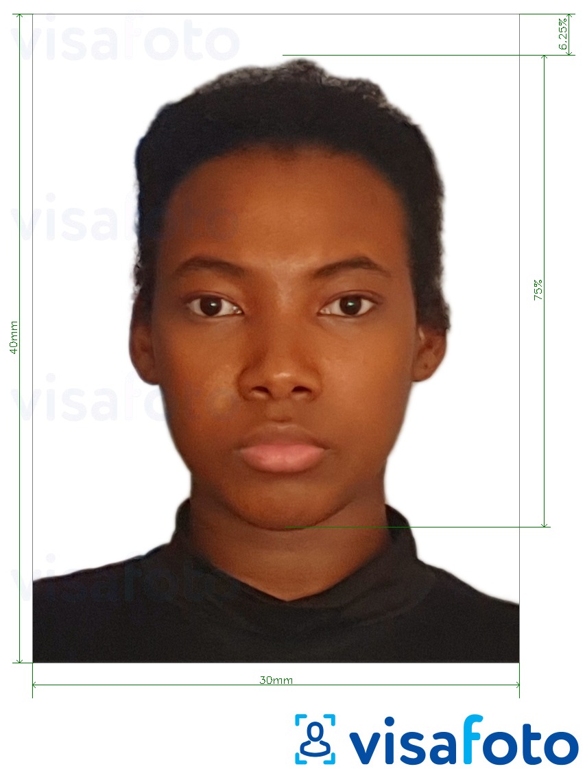 Primer fotografije za Bocvanski potni list 3x4 cm (30x40 mm) z natančno specifikacijo velikosti