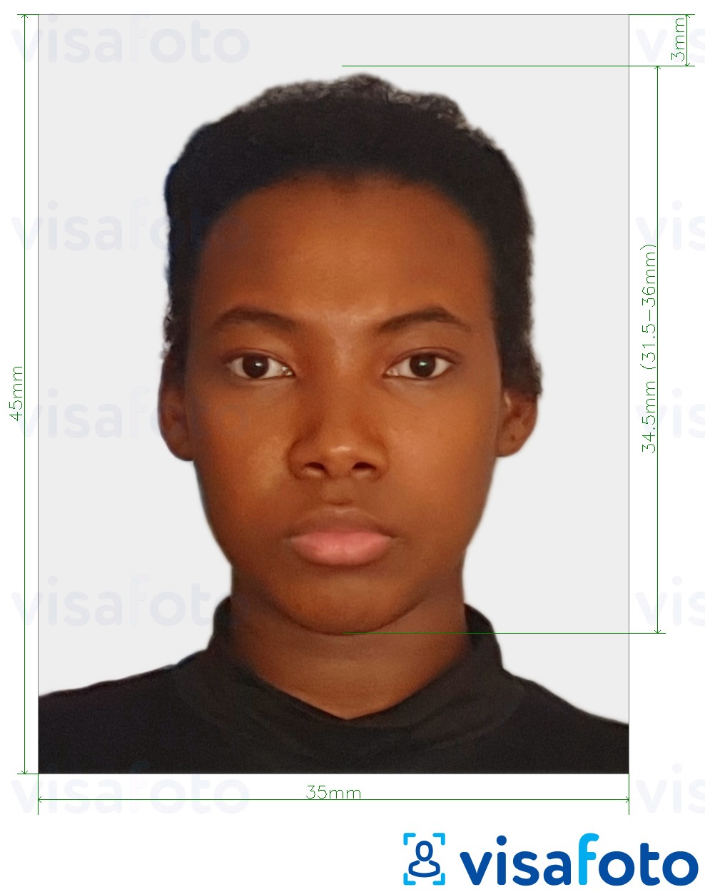 Primer fotografije za Potni list za Kongo (Brazzaville) 35x45 mm (3,5x4,5 cm) z natančno specifikacijo velikosti