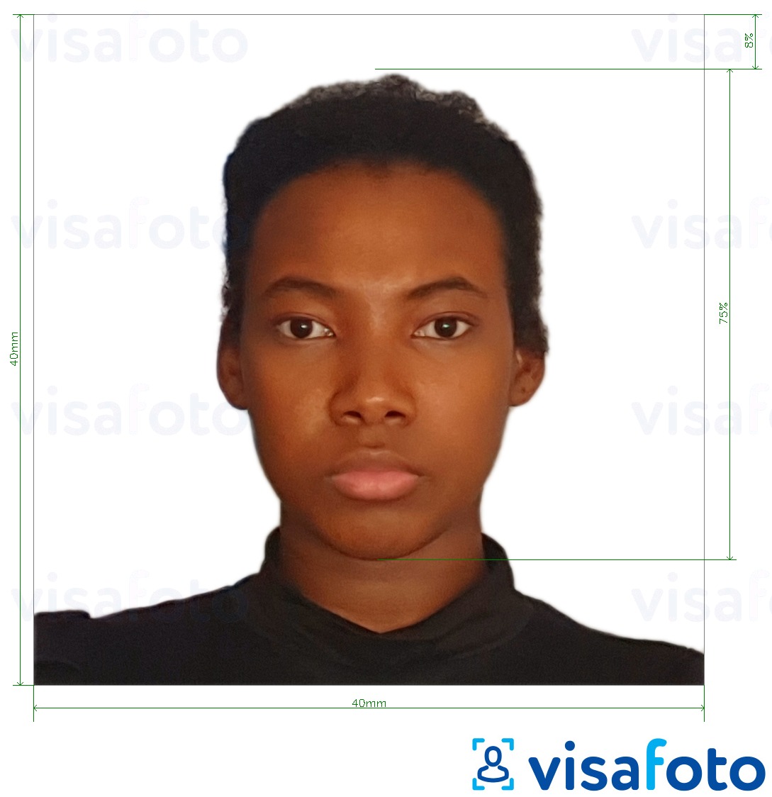 Primer fotografije za Kamerunski vizum 4x4 cm (40x40 mm) z natančno specifikacijo velikosti