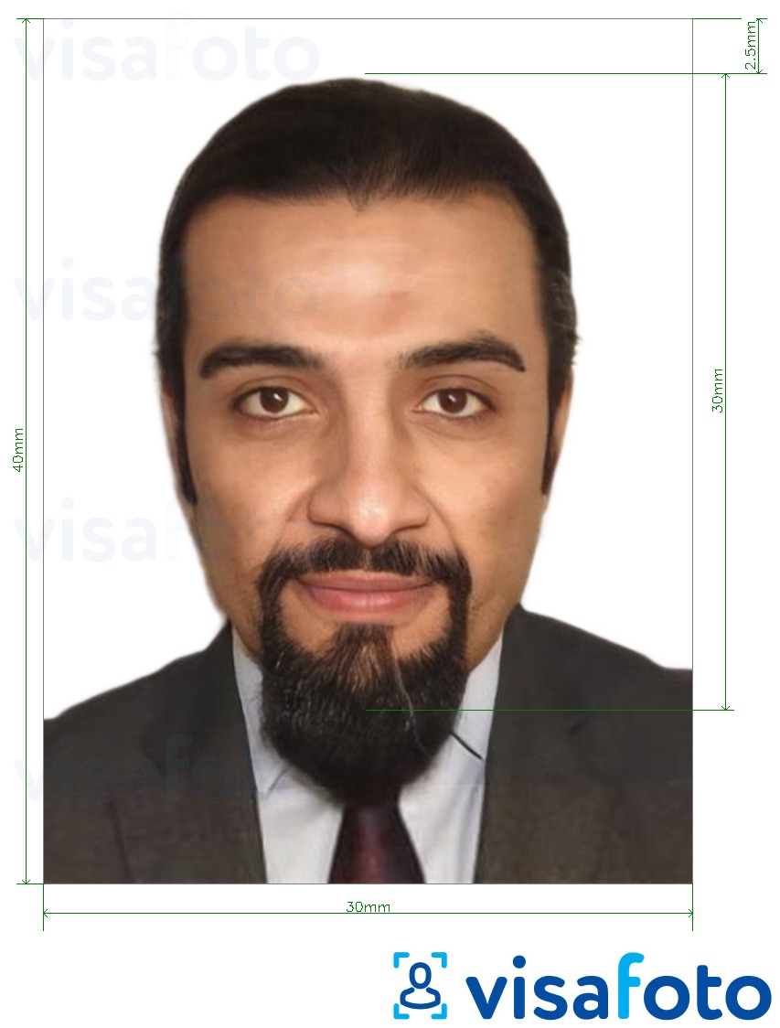 Primer fotografije za Etiopski vizum brez povezave 3x4 cm (30x40 mm) z natančno specifikacijo velikosti