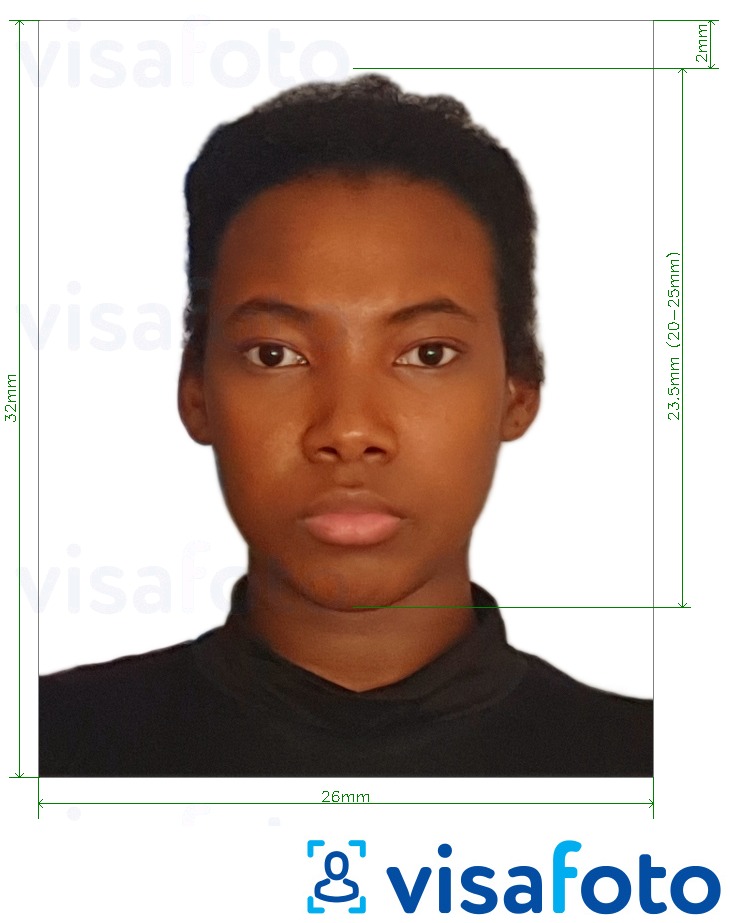 Primer fotografije za Gvajanski potni list 32 x 26 mm (1,26 x 1,02 palca) z natančno specifikacijo velikosti