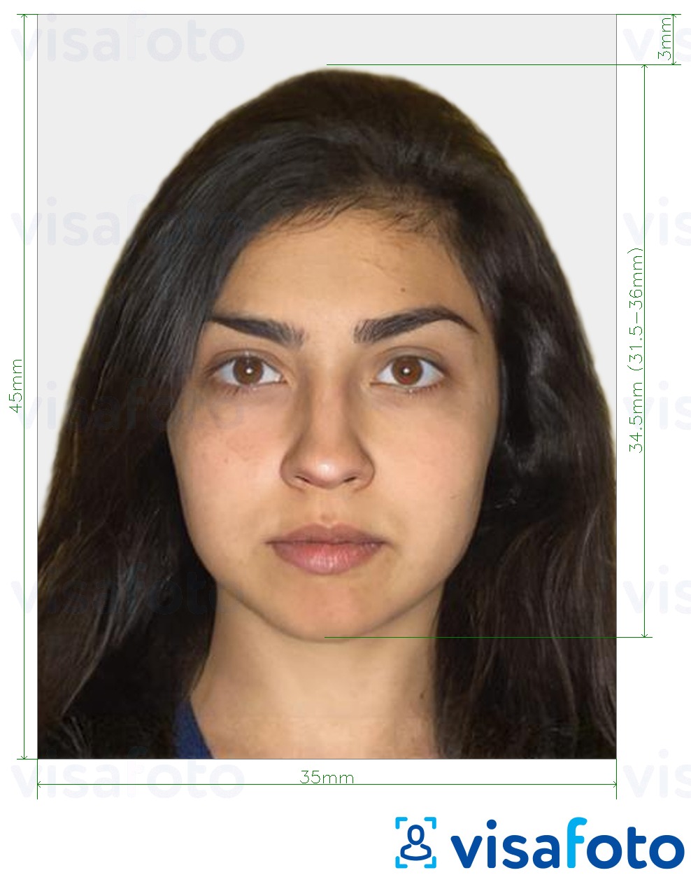 Primer fotografije za Izraelski vizum 35x45mm (3,5x4,5 cm) z natančno specifikacijo velikosti