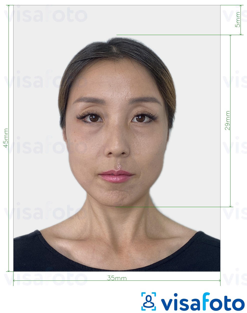 Primer fotografije za Japonski e-vizum 35x45 mm z natančno specifikacijo velikosti