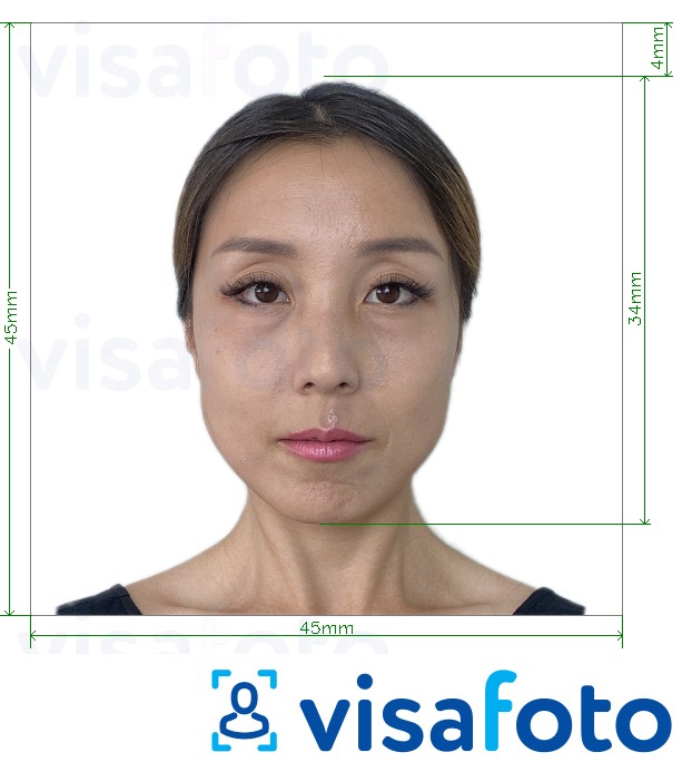 Primer fotografije za Japan Visa 45x45mm, glava 34 mm z natančno specifikacijo velikosti