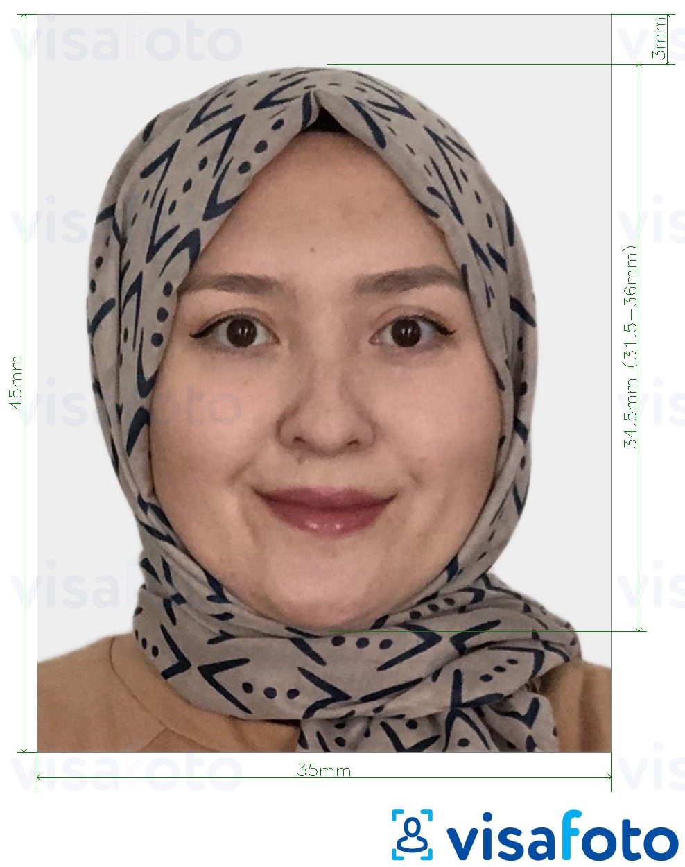 Primer fotografije za Kirgiški vizum 35x45 mm (3,5x4,5 cm) z natančno specifikacijo velikosti