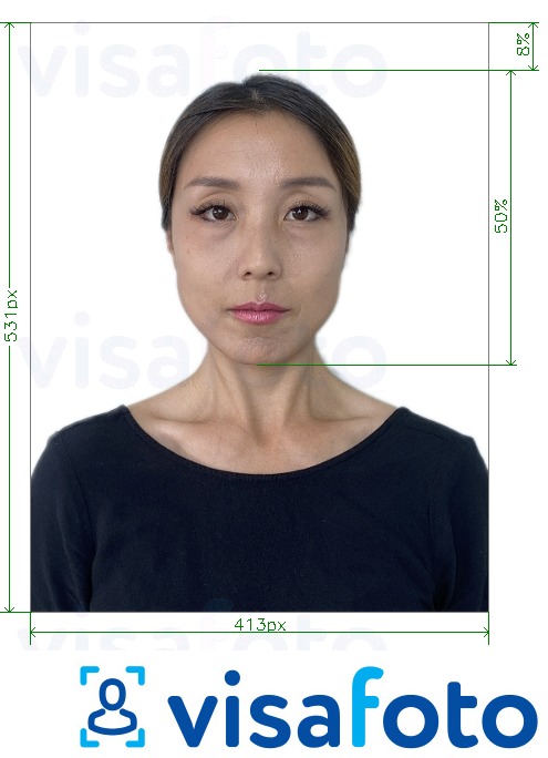 Primer fotografije za Korejski potni list na spletu z natančno specifikacijo velikosti