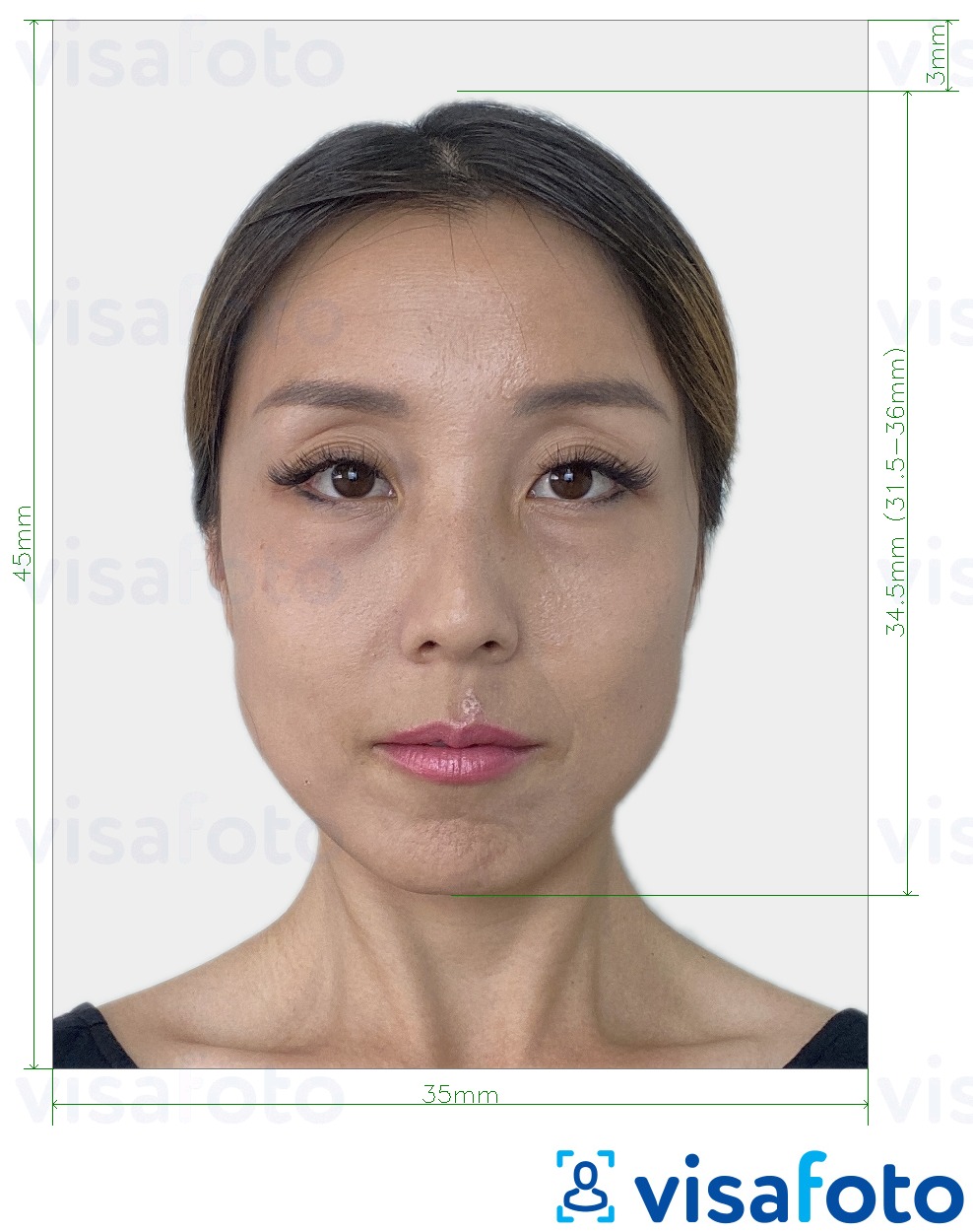 Primer fotografije za Južna Koreja Visa 35x45 mm (3,5x4,5 cm) z natančno specifikacijo velikosti