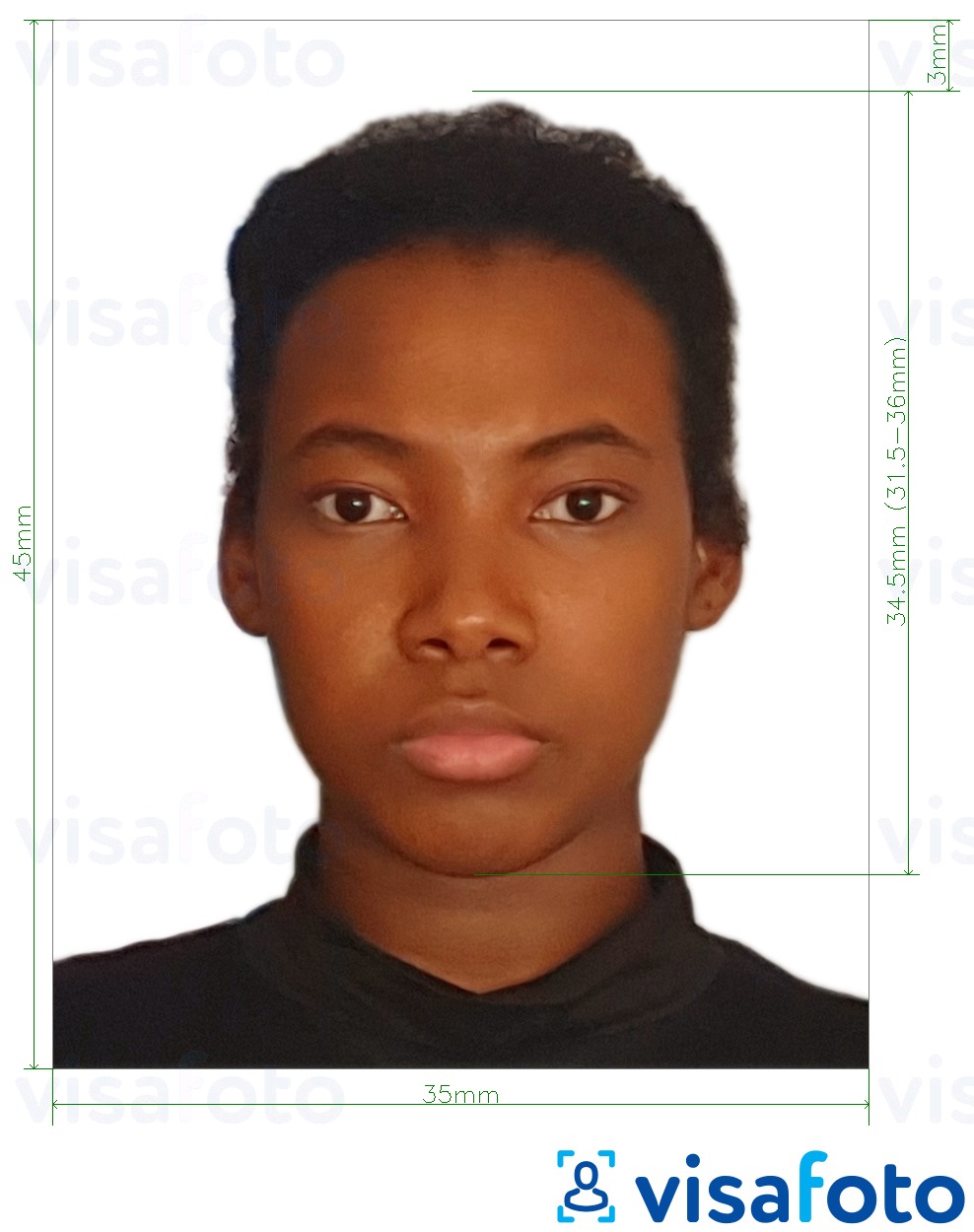 Primer fotografije za Liberijska potna listina 35x45 mm (3,5x4,5 cm) z natančno specifikacijo velikosti