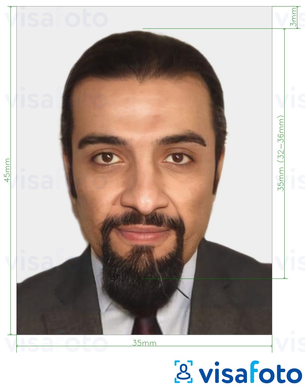 Primer fotografije za Maroški potni list 35x45 mm (3,5x4,5 cm) z natančno specifikacijo velikosti