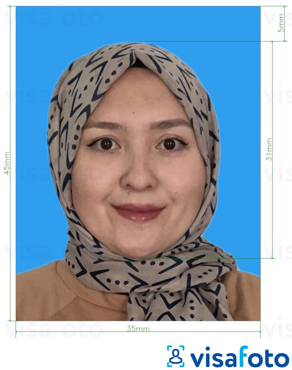 Primer fotografije za Malezija Visa 35x45 mm modra podlaga z natančno specifikacijo velikosti