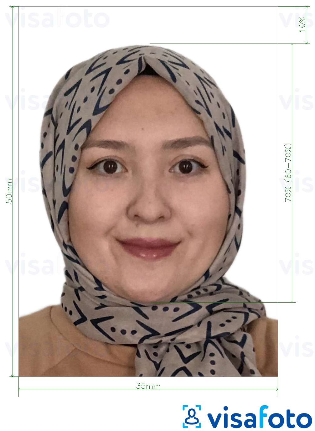 Primer fotografije za Malezija Visa 35x50 mm belo ozadje z natančno specifikacijo velikosti