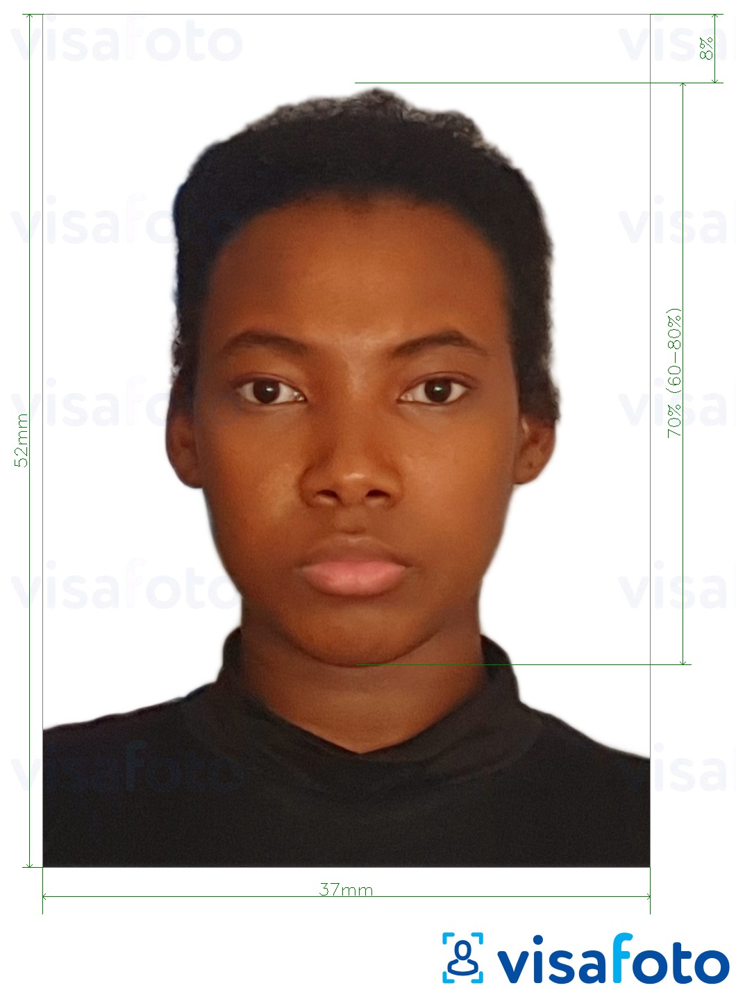 Primer fotografije za Namibijski vizum 37x52mm (3.7x5.2 cm) z natančno specifikacijo velikosti