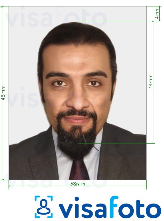 Primer fotografije za Katarski vizum 38x48 mm (3.8x4.8 cm) z natančno specifikacijo velikosti