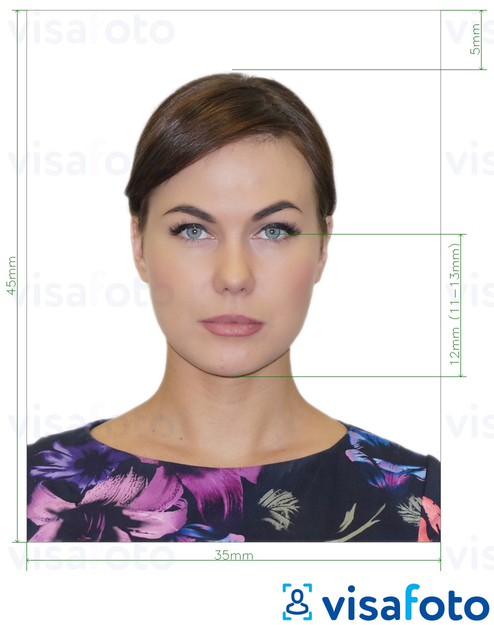 Primer fotografije za Rusija Potni list (oči do dna brade 12 mm), 35x45 mm z natančno specifikacijo velikosti