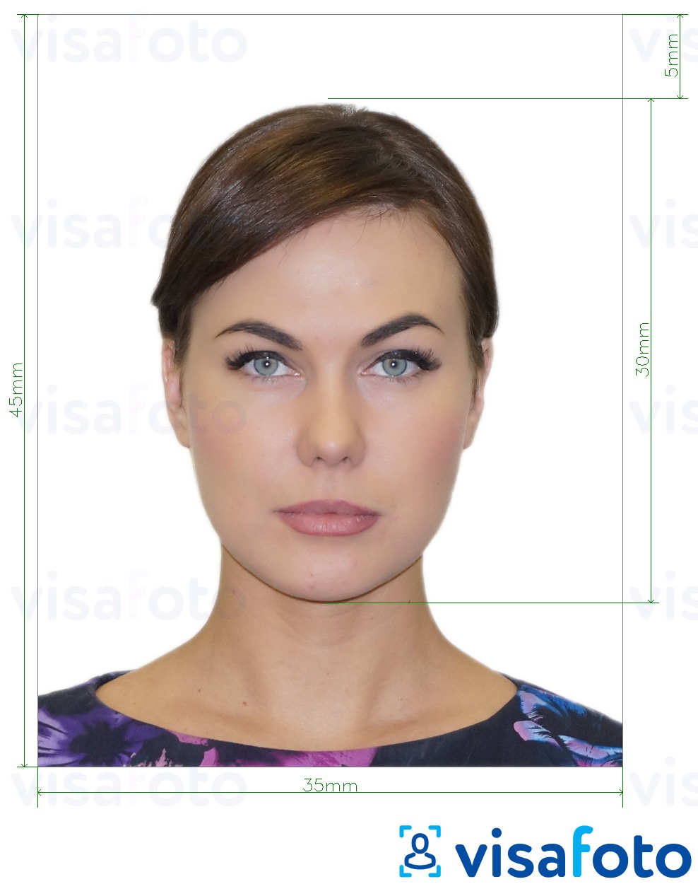 Primer fotografije za Rusija vizum preko VFSGlobal 35x45 mm z natančno specifikacijo velikosti