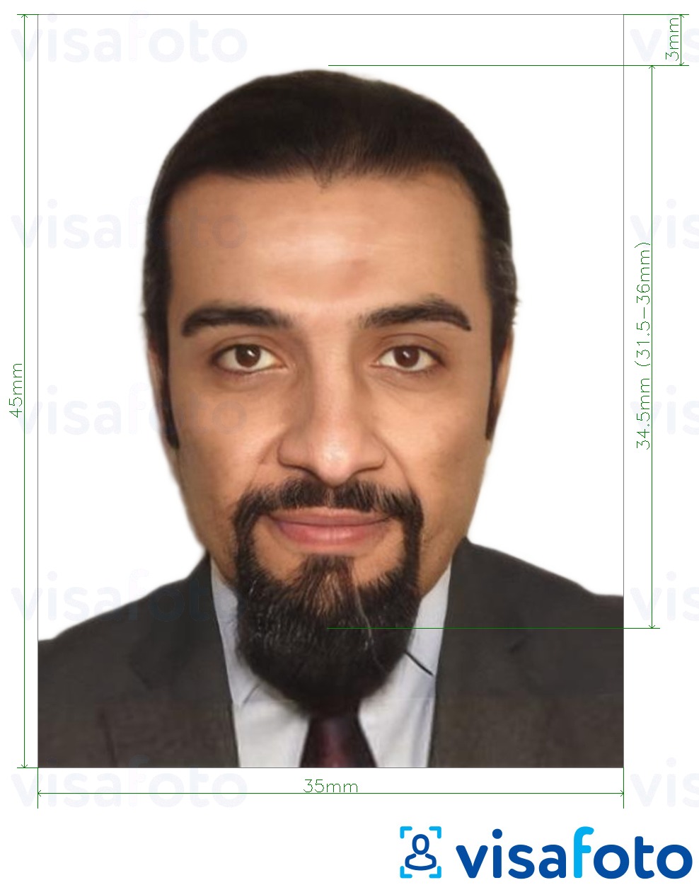 Primer fotografije za Somalski vizum 35x45 mm (3,5x4,5 cm) z natančno specifikacijo velikosti