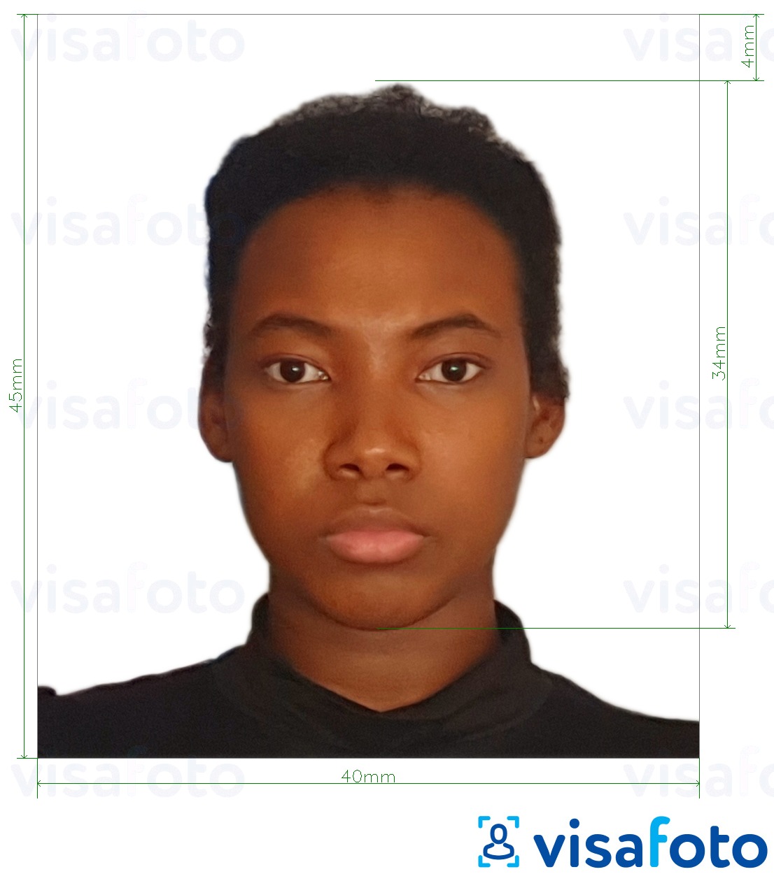 Primer fotografije za Tanzanijski potni list 40x45 mm (4x4,5 cm) z natančno specifikacijo velikosti